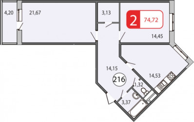 Двухкомнатная квартира 74.9 м²
