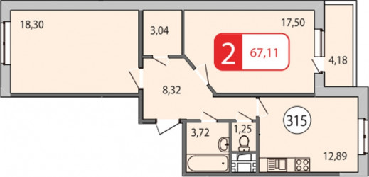 Двухкомнатная квартира 66.85 м²
