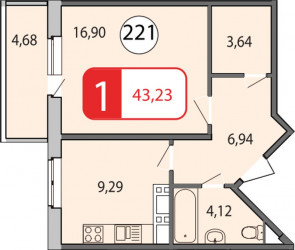 Однокомнатная квартира 43.55 м²