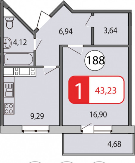 Однокомнатная квартира 43.8 м²