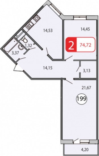 Двухкомнатная квартира 75.65 м²