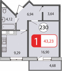 Однокомнатная квартира 43.6 м²
