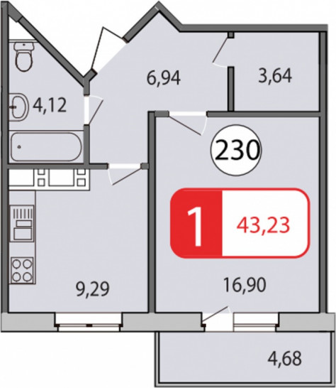 Однокомнатная квартира 43.6 м²