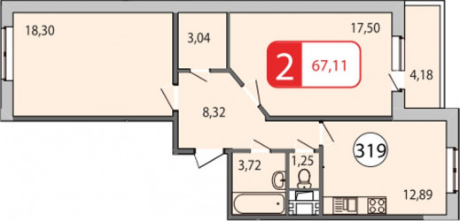 Двухкомнатная квартира 67.45 м²