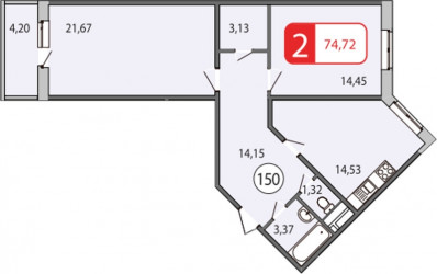 Двухкомнатная квартира 75.4 м²