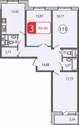 Трёхкомнатная квартира 90.65 м²