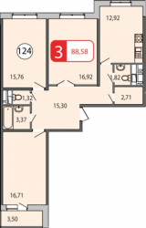 Трёхкомнатная квартира 89.45 м²