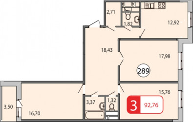 Трёхкомнатная квартира 93.35 м²