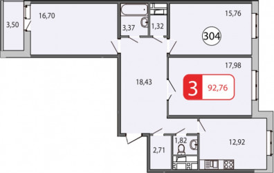 Трёхкомнатная квартира 93.5 м²