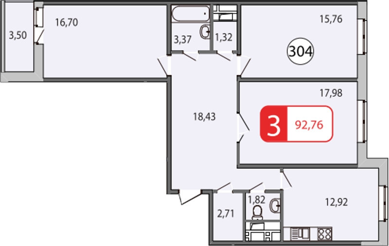 Трёхкомнатная квартира 93.5 м²