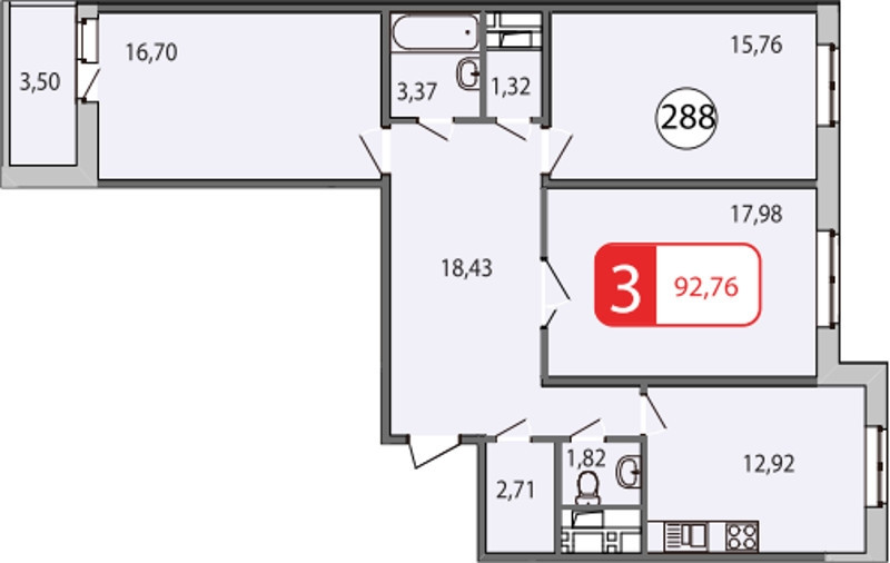 Трёхкомнатная квартира 94.2 м²